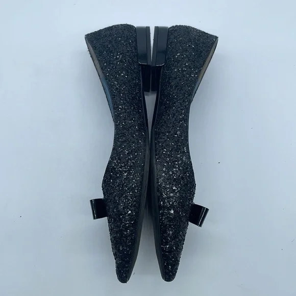 Prada Black Glitter leather bow logo embellished pointed toe ballet flats 38.5 - Picture 5 of 11